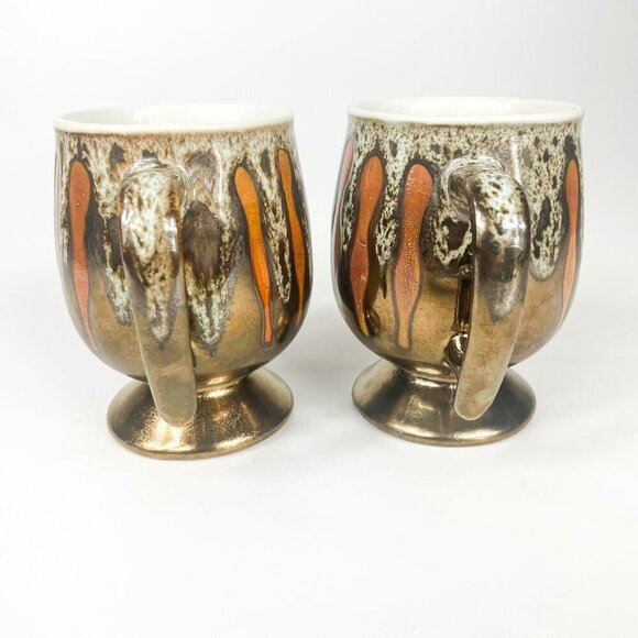 Mid century Modern Drip Glaze Copper Orange Mugs set of 2 - Picture 4 of 5